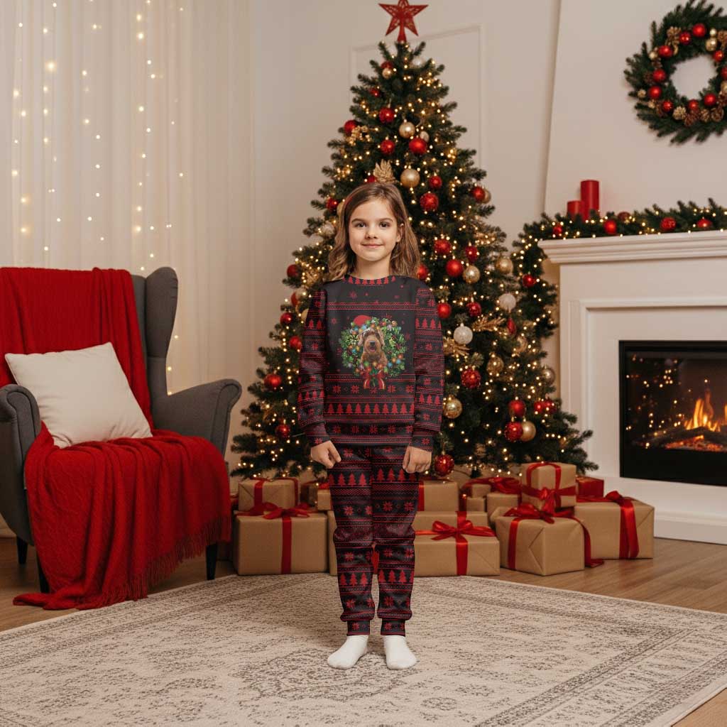 Wreath and Santa Dog in Red Christmas Pajama Set with Black Holiday Pattern Design - Wonder Print Shop