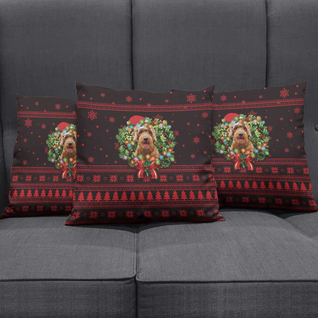 Wreath and Santa Dog in Red Pillow Cover with Black Holiday Pattern Design - Wonder Print Shop