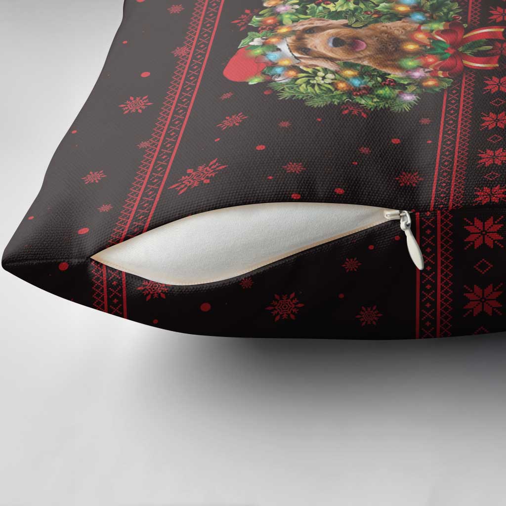 Wreath and Santa Dog in Red Pillow Cover with Black Holiday Pattern Design - Wonder Print Shop