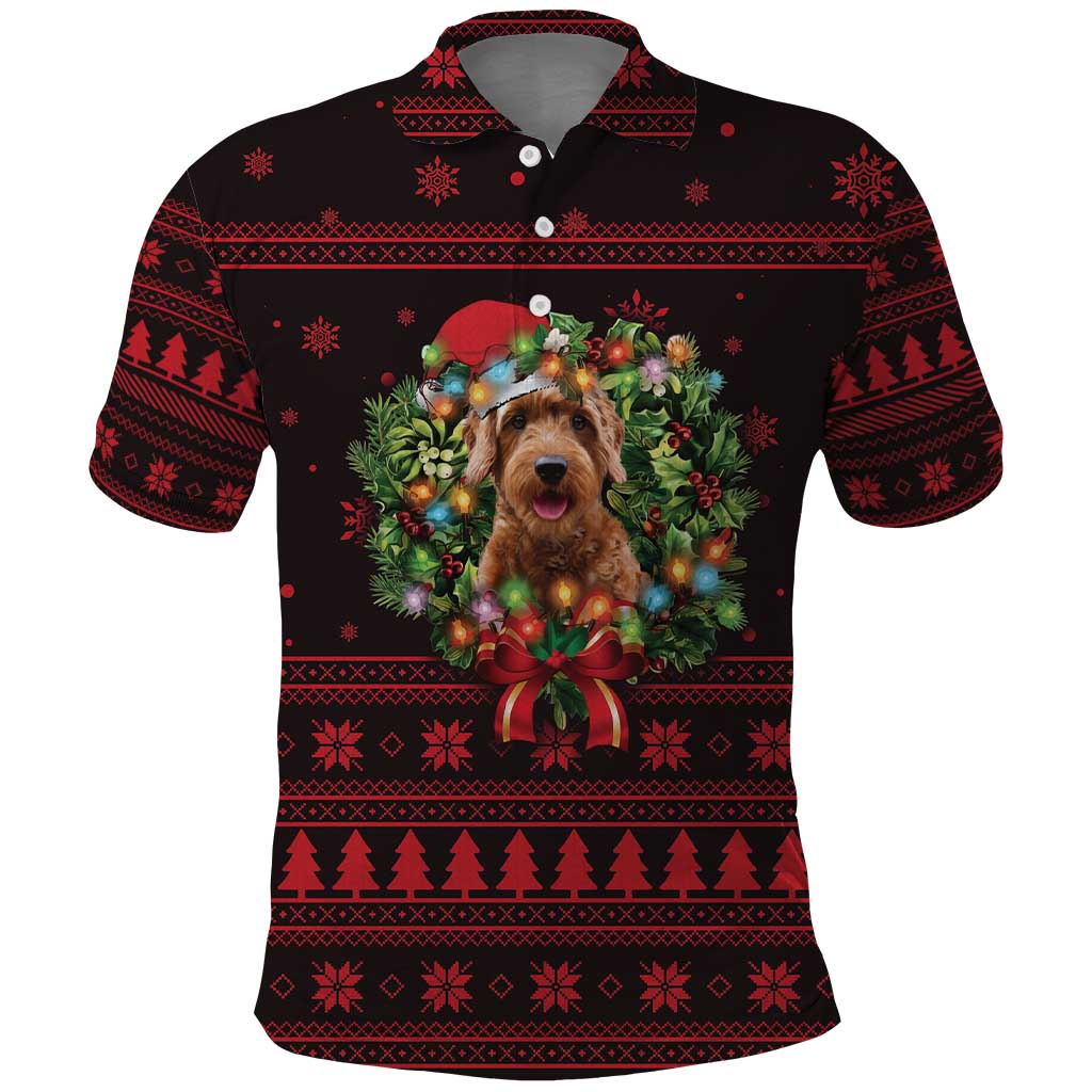 Wreath and Santa Dog in Red Polo Shirt with Black Holiday Pattern Design - Wonder Print Shop