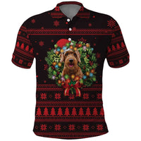 Wreath and Santa Dog in Red Polo Shirt with Black Holiday Pattern Design - Wonder Print Shop