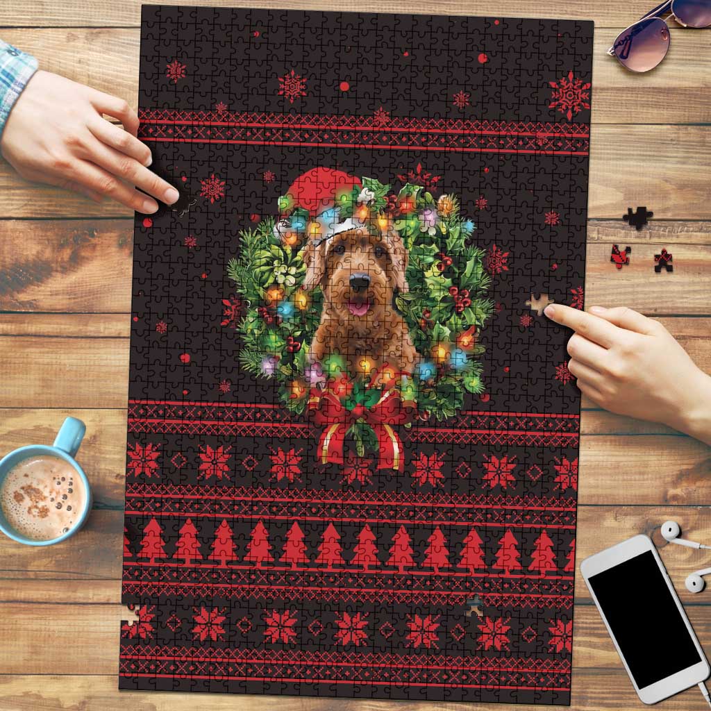 Wreath and Santa Dog in Red Puzzle with Black Holiday Pattern Design - Wonder Print Shop