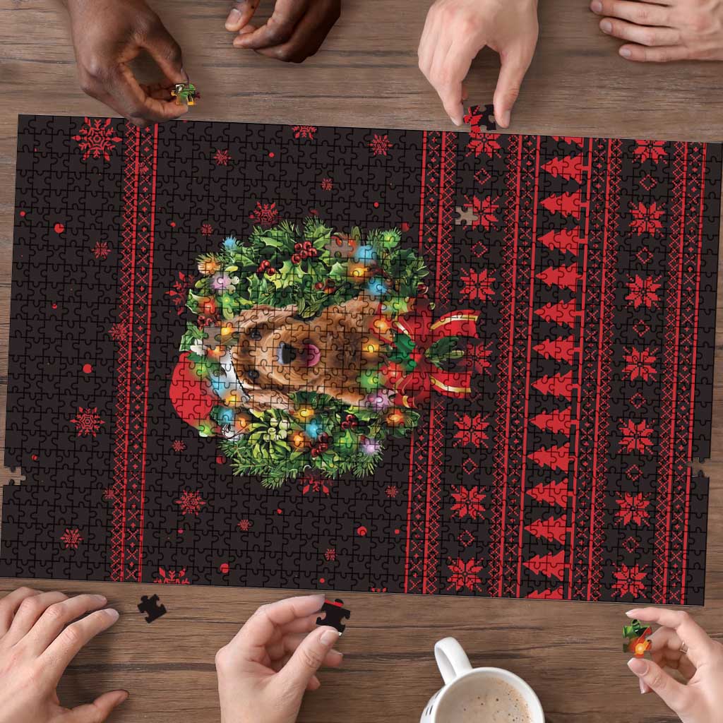 Wreath and Santa Dog in Red Puzzle with Black Holiday Pattern Design - Wonder Print Shop