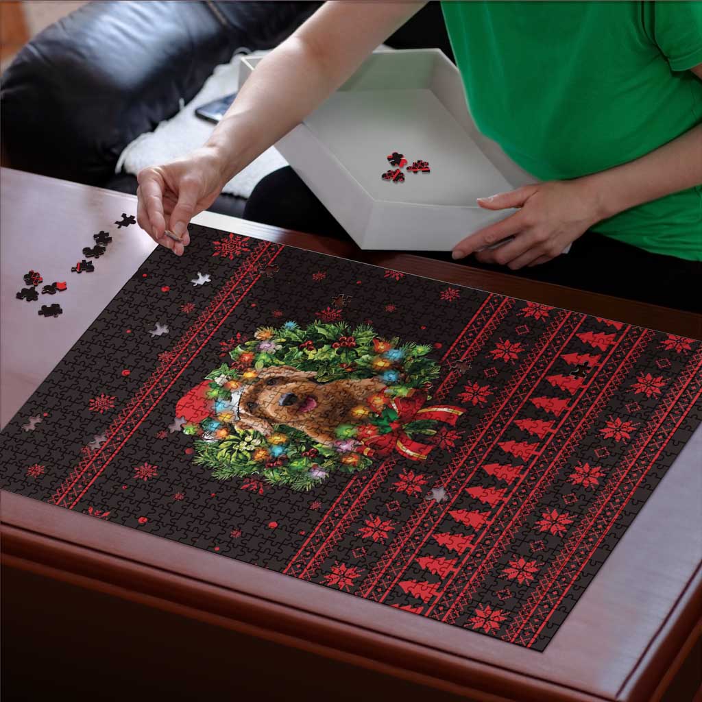 Wreath and Santa Dog in Red Puzzle with Black Holiday Pattern Design - Wonder Print Shop