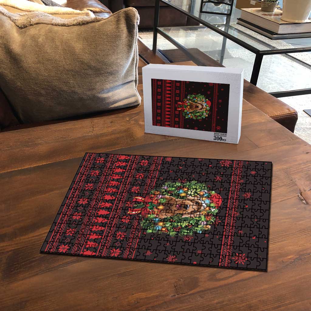 Wreath and Santa Dog in Red Puzzle with Black Holiday Pattern Design - Wonder Print Shop