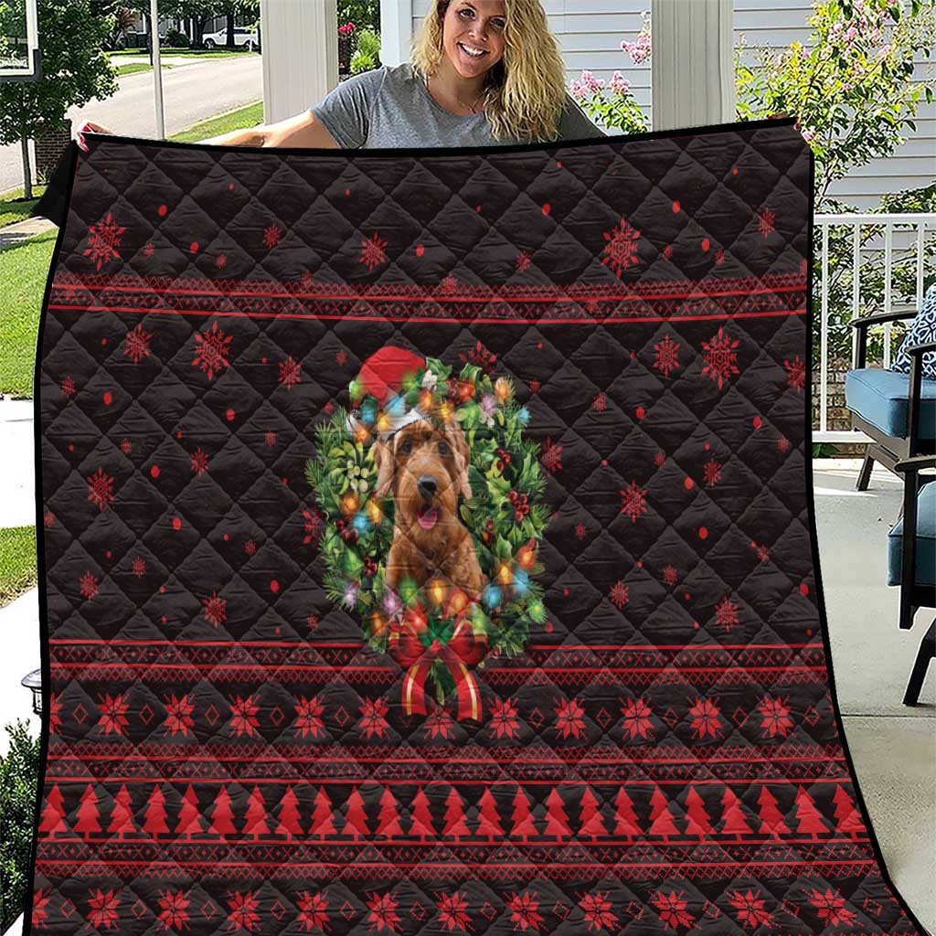 Wreath and Santa Dog in Red Quilt with Black Holiday Pattern Design - Wonder Print Shop