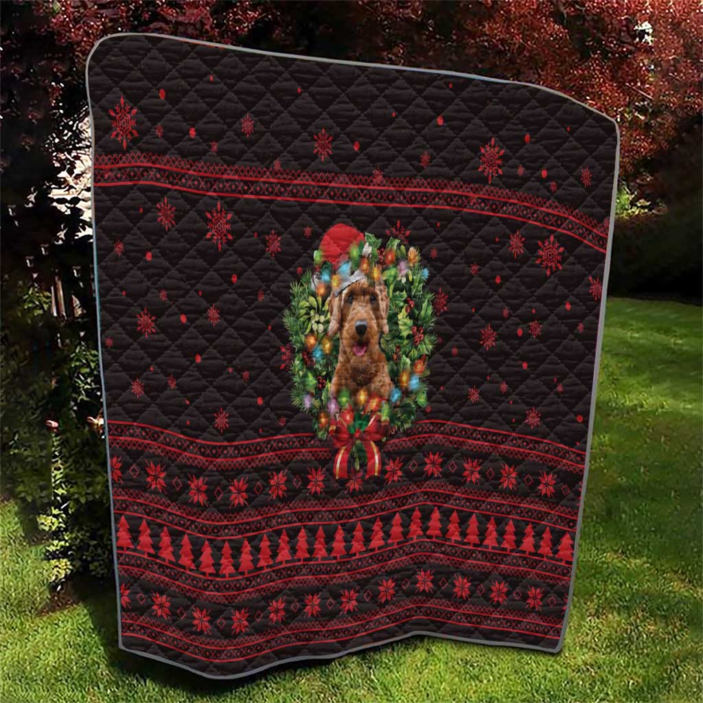 Wreath and Santa Dog in Red Quilt with Black Holiday Pattern Design - Wonder Print Shop