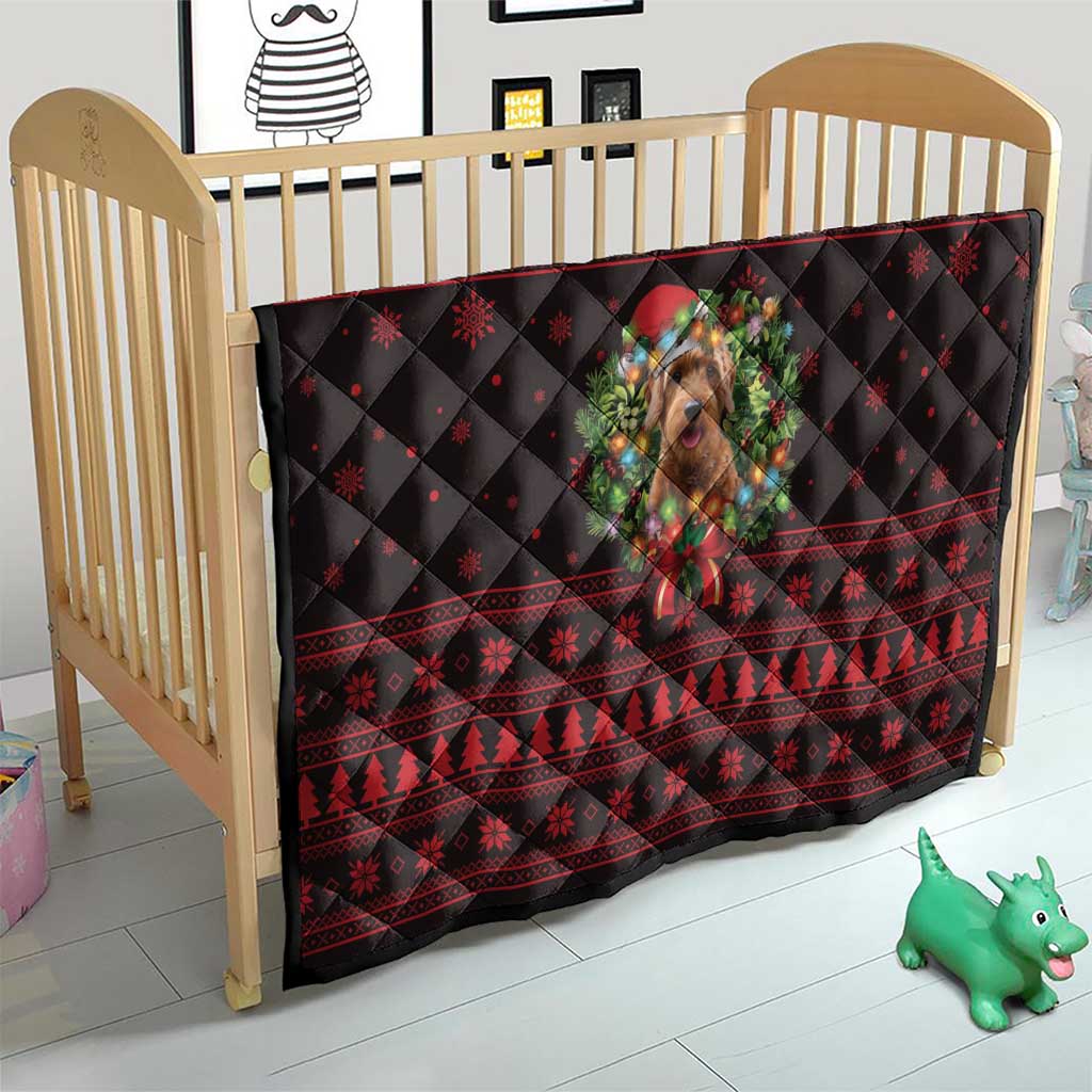 Wreath and Santa Dog in Red Quilt with Black Holiday Pattern Design - Wonder Print Shop