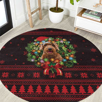 Wreath and Santa Dog in Red Round Carpet with Black Holiday Pattern Design - Wonder Print Shop