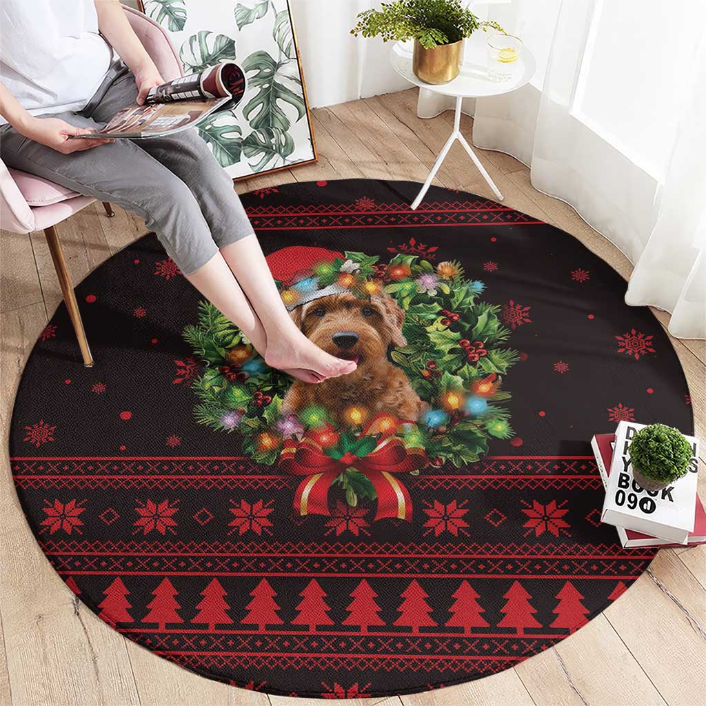 Wreath and Santa Dog in Red Round Carpet with Black Holiday Pattern Design - Wonder Print Shop
