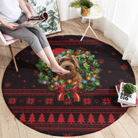 Wreath and Santa Dog in Red Round Carpet with Black Holiday Pattern Design - Wonder Print Shop