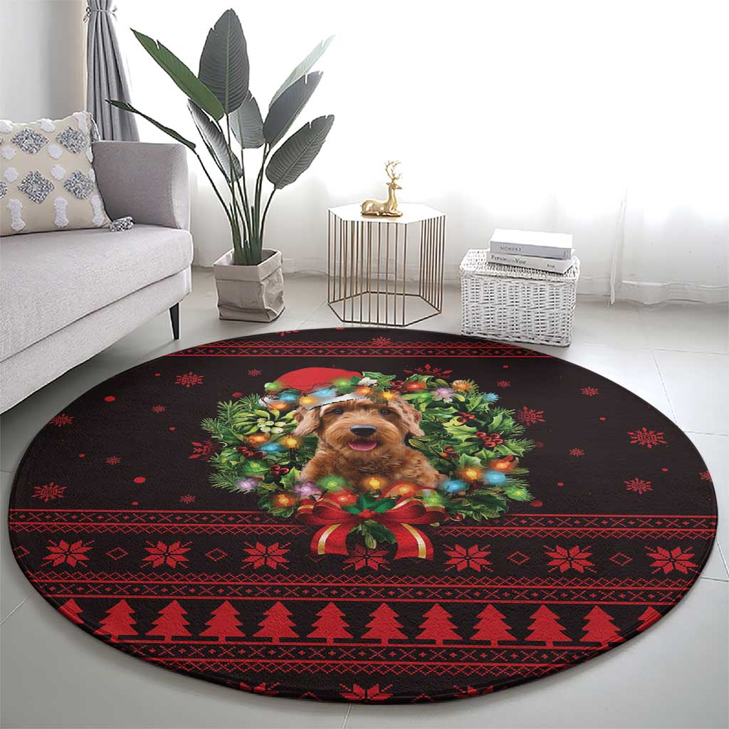 Wreath and Santa Dog in Red Round Carpet with Black Holiday Pattern Design - Wonder Print Shop