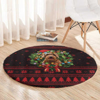 Wreath and Santa Dog in Red Round Carpet with Black Holiday Pattern Design - Wonder Print Shop