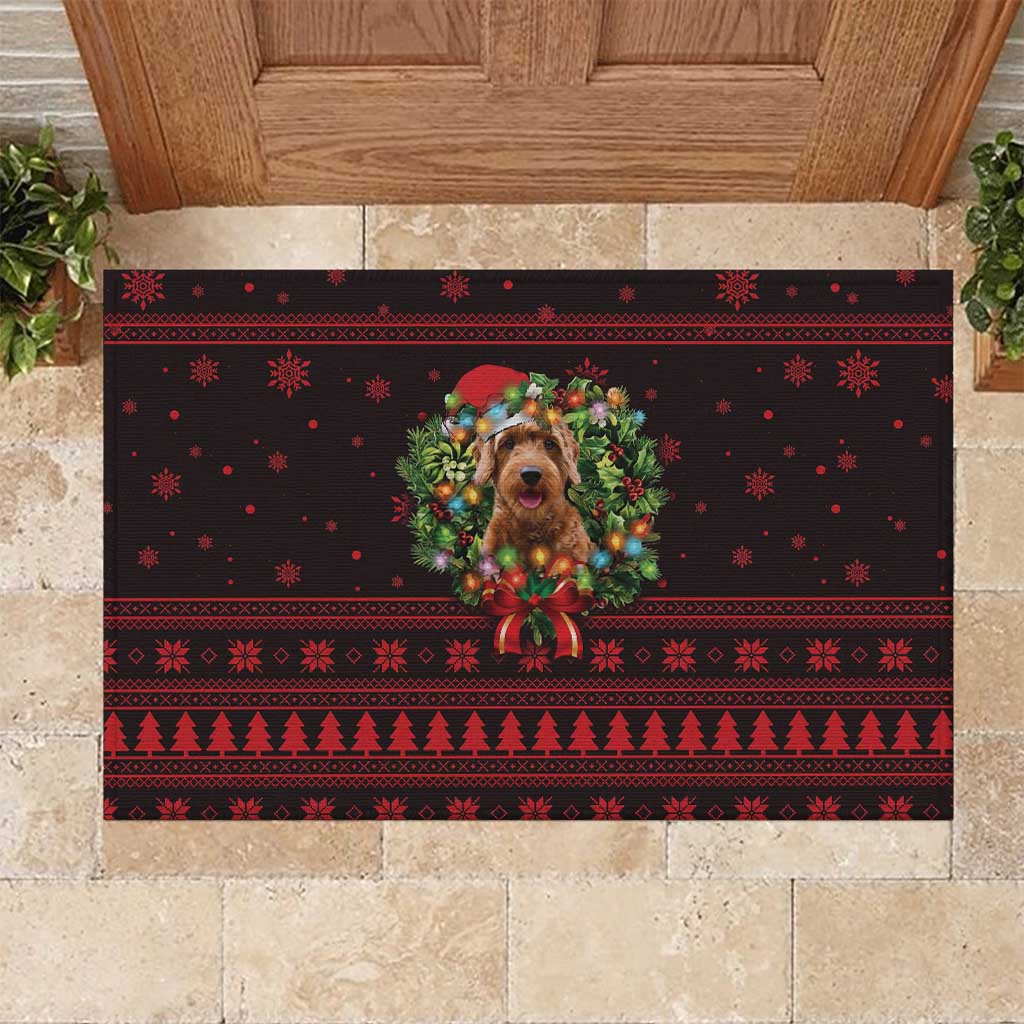 Wreath and Santa Dog in Red Rubber Doormat with Black Holiday Pattern Design - Wonder Print Shop
