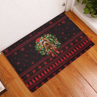 Wreath and Santa Dog in Red Rubber Doormat with Black Holiday Pattern Design - Wonder Print Shop