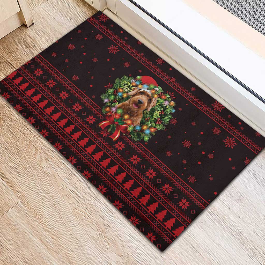 Wreath and Santa Dog in Red Rubber Doormat with Black Holiday Pattern Design - Wonder Print Shop