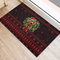 Wreath and Santa Dog in Red Rubber Doormat with Black Holiday Pattern Design - Wonder Print Shop