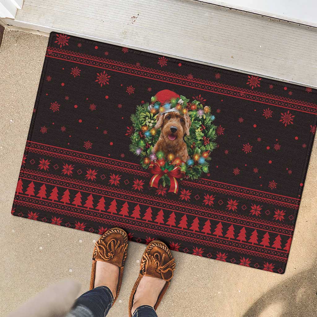 Wreath and Santa Dog in Red Rubber Doormat with Black Holiday Pattern Design - Wonder Print Shop