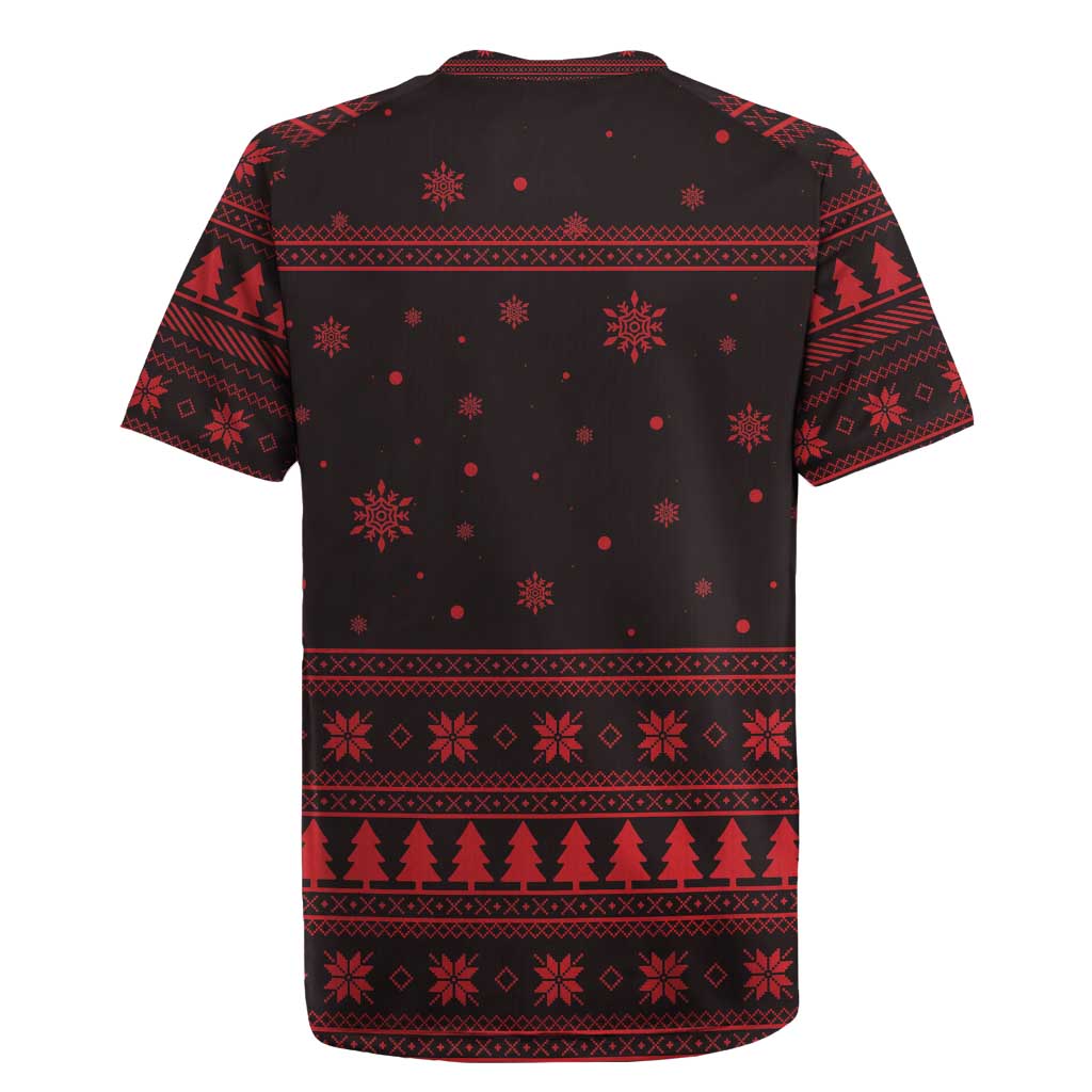 Wreath and Santa Dog in Red Rugby Jersey with Black Holiday Pattern Design - Wonder Print Shop