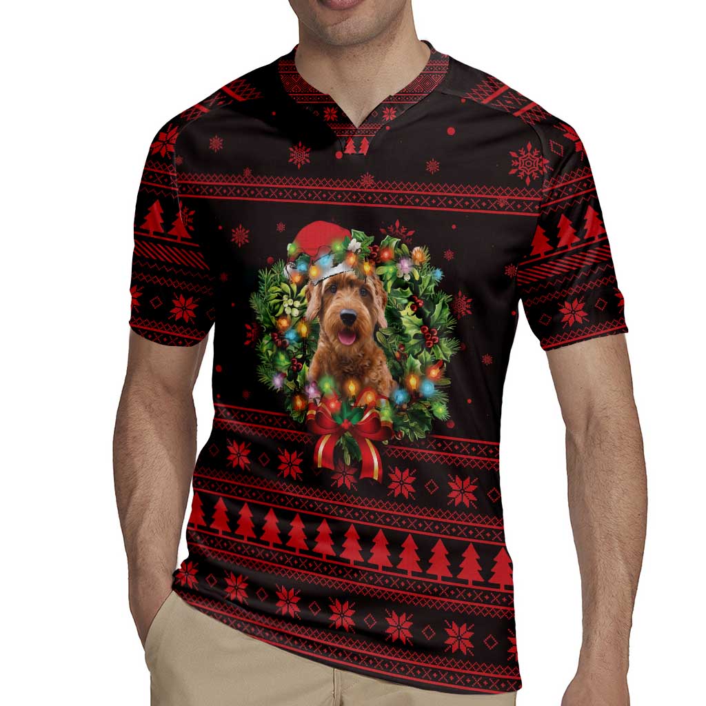 Wreath and Santa Dog in Red Rugby Jersey with Black Holiday Pattern Design - Wonder Print Shop