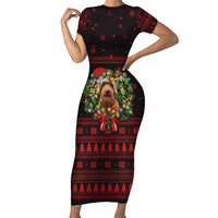 Wreath and Santa Dog in Red Short Sleeve Bodycon Dress with Black Holiday Pattern Design - Wonder Print Shop