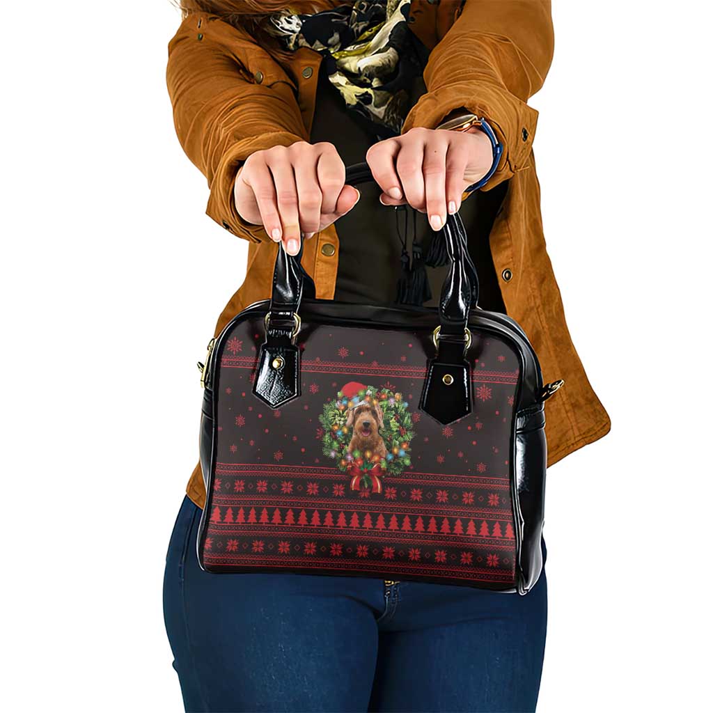 Wreath and Santa Dog in Red Shoulder Handbag with Black Holiday Pattern Design - Wonder Print Shop