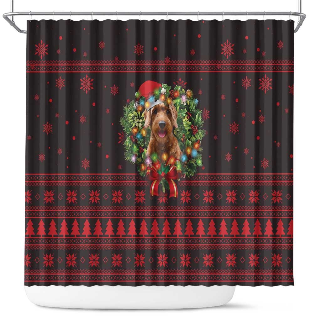 Wreath and Santa Dog in Red Shower Curtain with Black Holiday Pattern Design - Wonder Print Shop