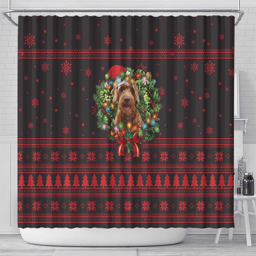 Wreath and Santa Dog in Red Shower Curtain with Black Holiday Pattern Design - Wonder Print Shop