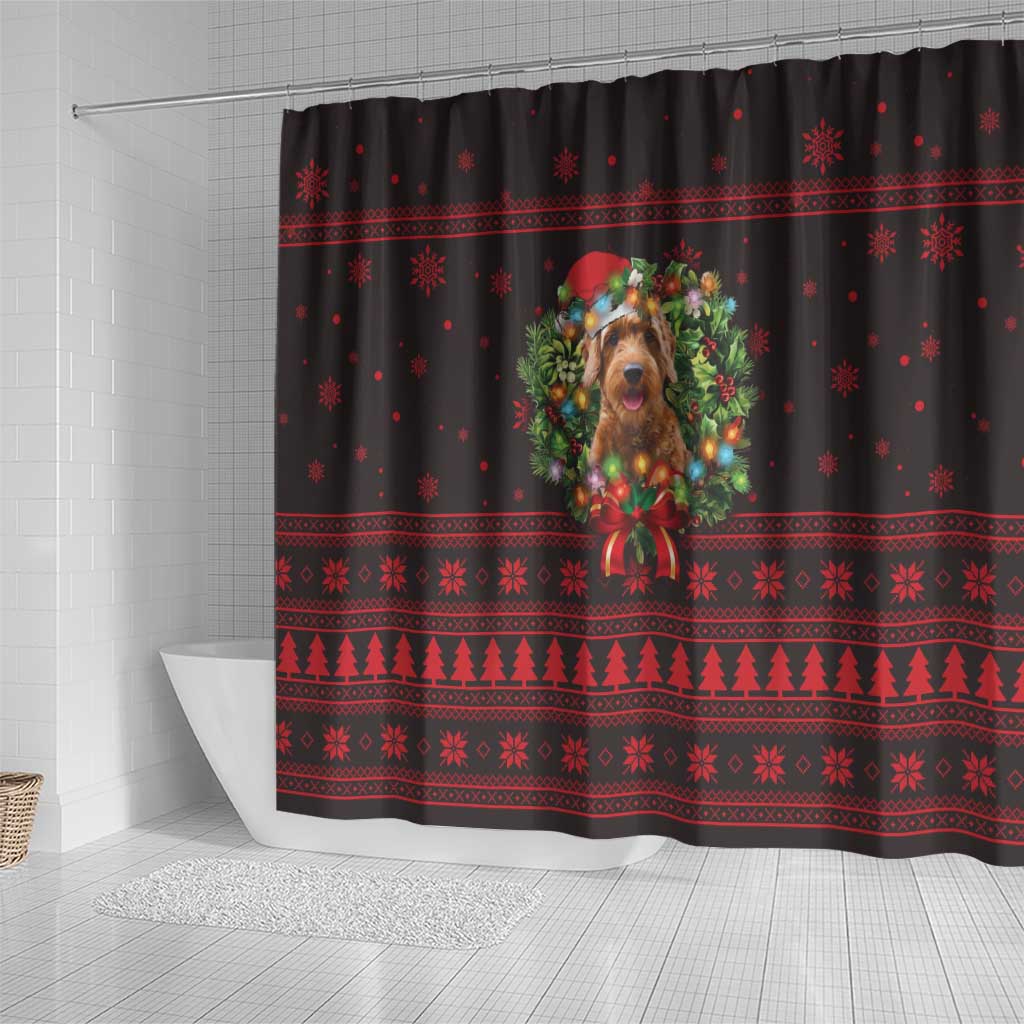 Wreath and Santa Dog in Red Shower Curtain with Black Holiday Pattern Design - Wonder Print Shop