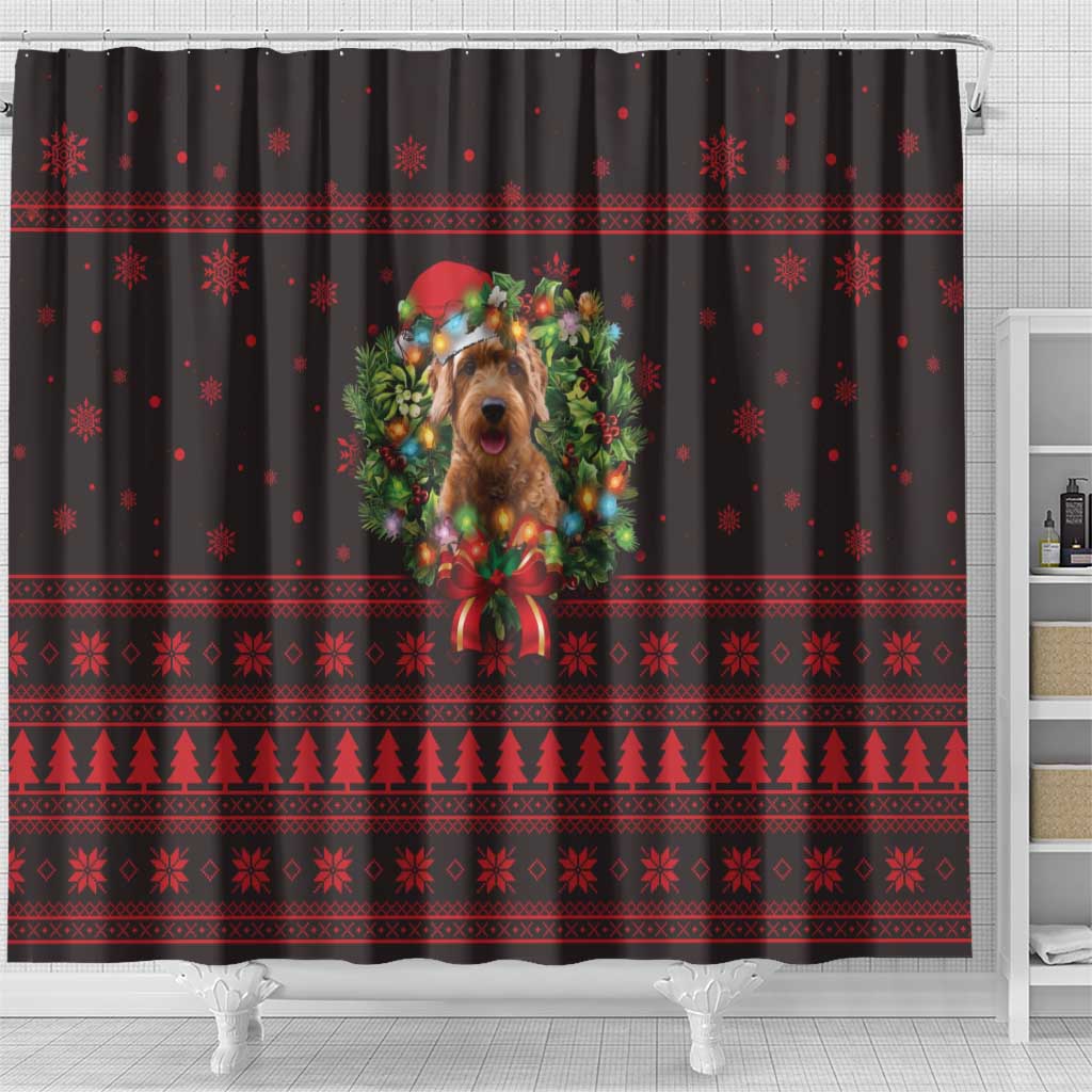 Wreath and Santa Dog in Red Shower Curtain with Black Holiday Pattern Design - Wonder Print Shop