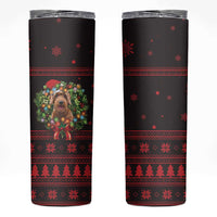 Wreath and Santa Dog in Red Skinny Tumbler with Black Holiday Pattern Design - Wonder Print Shop