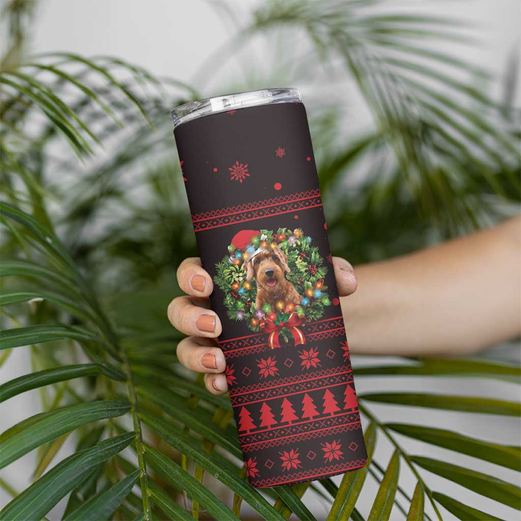 Wreath and Santa Dog in Red Skinny Tumbler with Black Holiday Pattern Design - Wonder Print Shop
