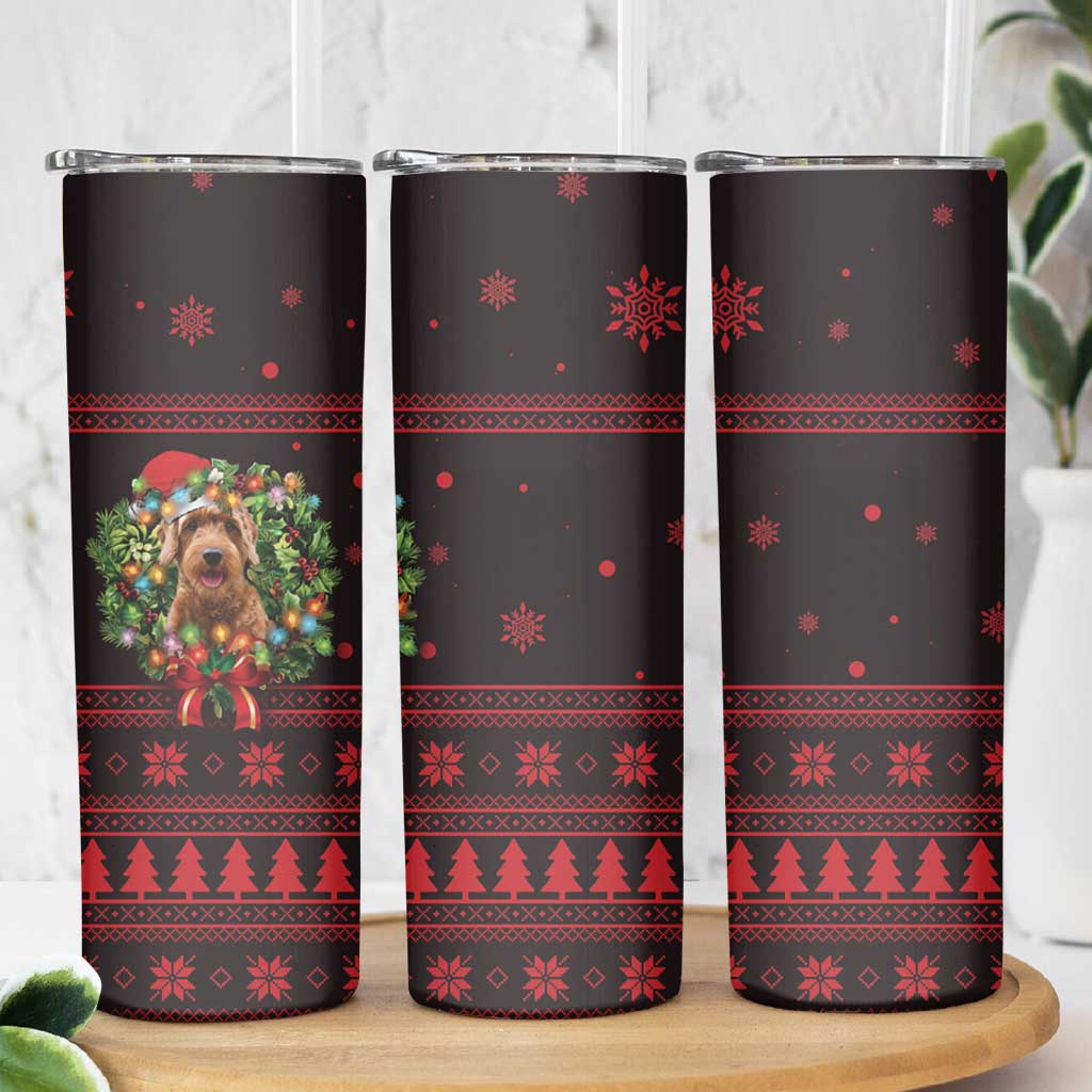 Wreath and Santa Dog in Red Skinny Tumbler with Black Holiday Pattern Design - Wonder Print Shop