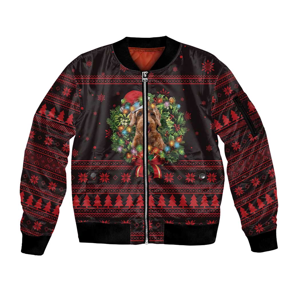 Wreath and Santa Dog in Red Sleeve Zip Bomber Jacket with Black Holiday Pattern Design - Wonder Print Shop