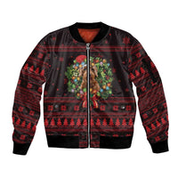 Wreath and Santa Dog in Red Sleeve Zip Bomber Jacket with Black Holiday Pattern Design - Wonder Print Shop