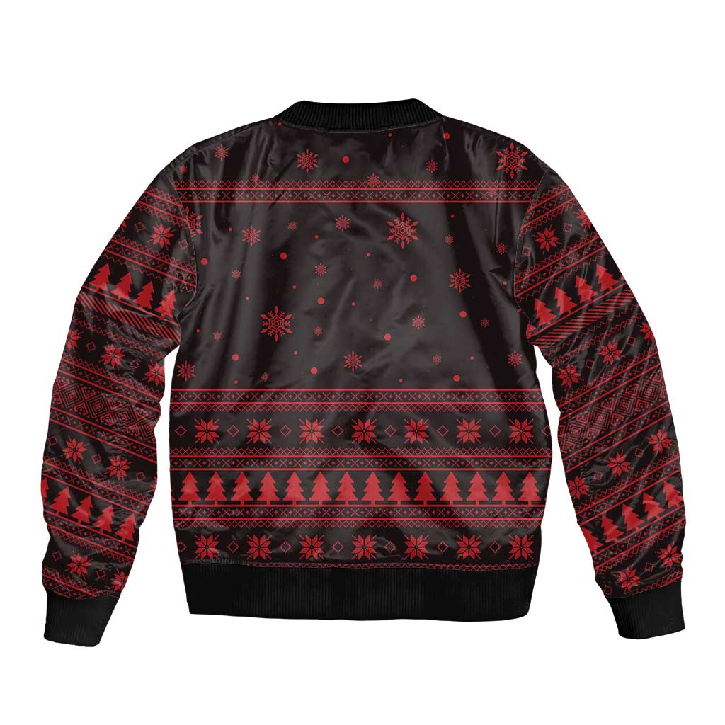 Wreath and Santa Dog in Red Sleeve Zip Bomber Jacket with Black Holiday Pattern Design - Wonder Print Shop