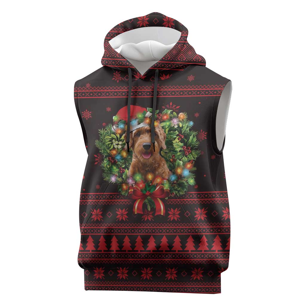 Wreath and Santa Dog in Red Sleeveless Hoodie with Black Holiday Pattern Design - Wonder Print Shop