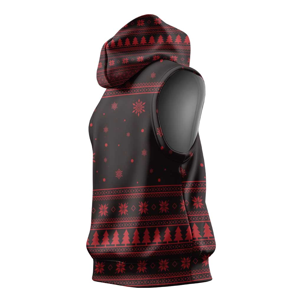 Wreath and Santa Dog in Red Sleeveless Hoodie with Black Holiday Pattern Design - Wonder Print Shop
