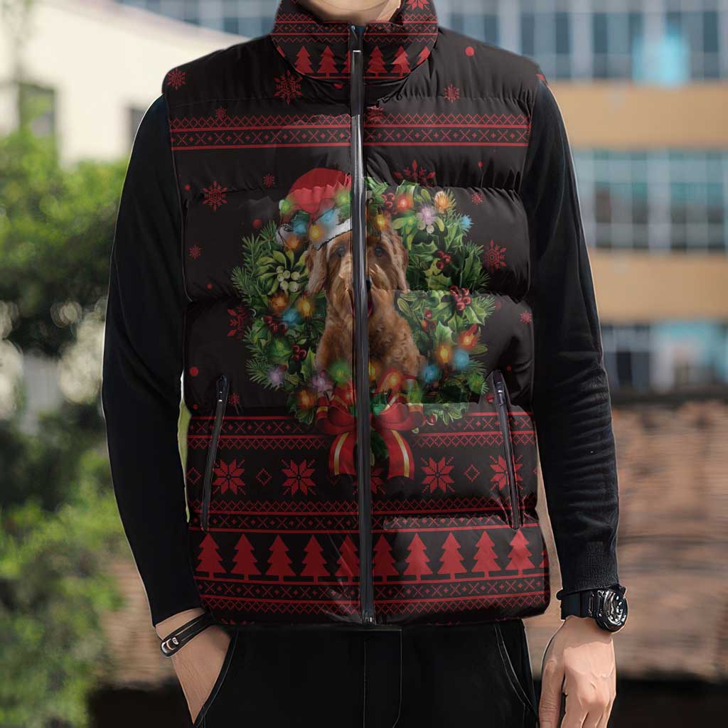 Wreath and Santa Dog in Red Sleeveless Puffer Jacket with Black Holiday Pattern Design - Wonder Print Shop