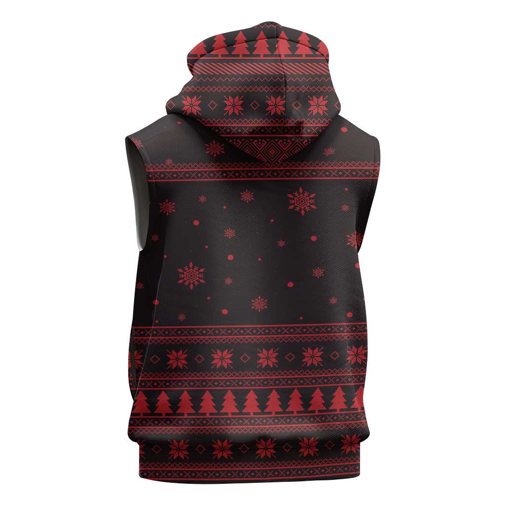 Wreath and Santa Dog in Red Sleeveless Zip Hoodie with Black Holiday Pattern Design - Wonder Print Shop