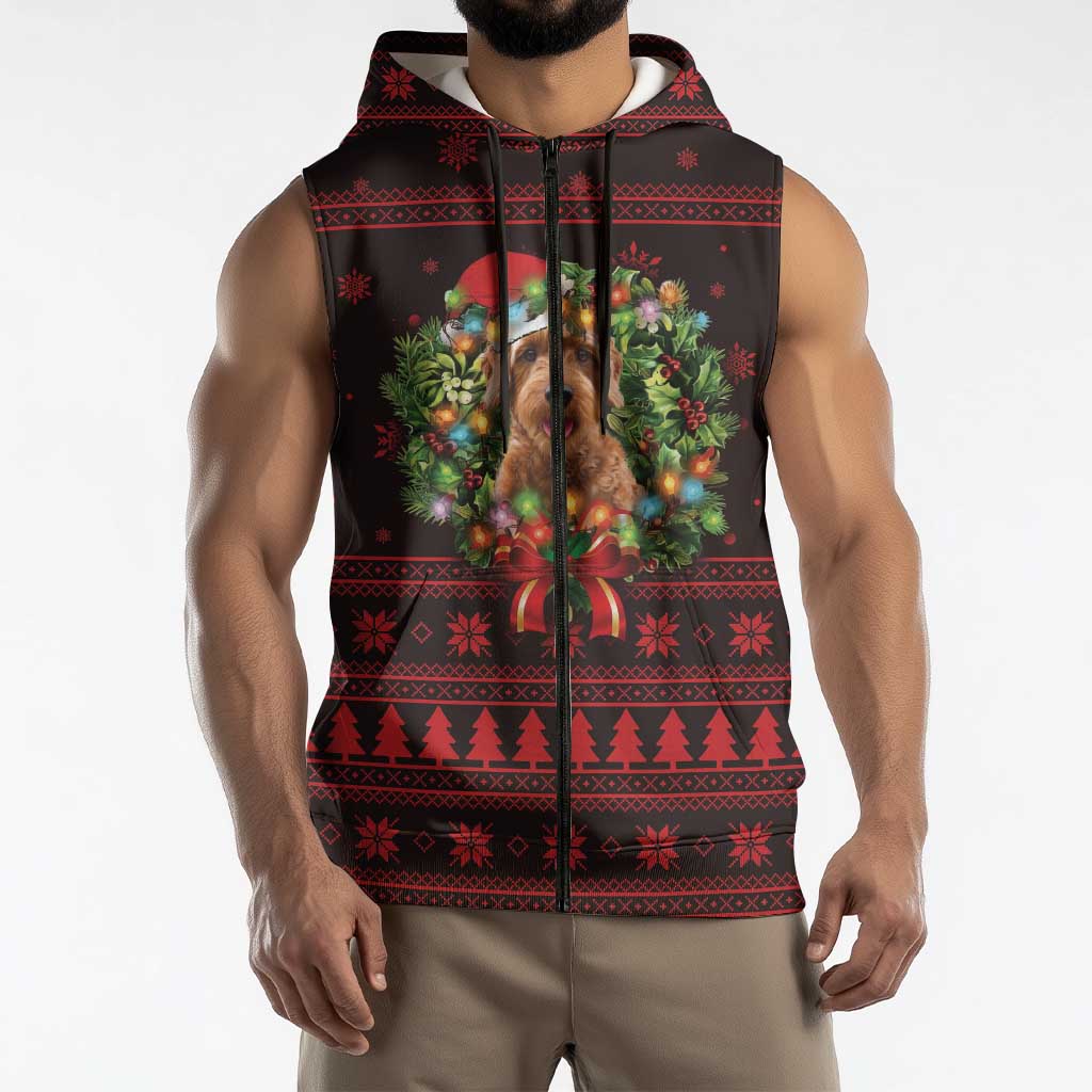 Wreath and Santa Dog in Red Sleeveless Zip Hoodie with Black Holiday Pattern Design - Wonder Print Shop