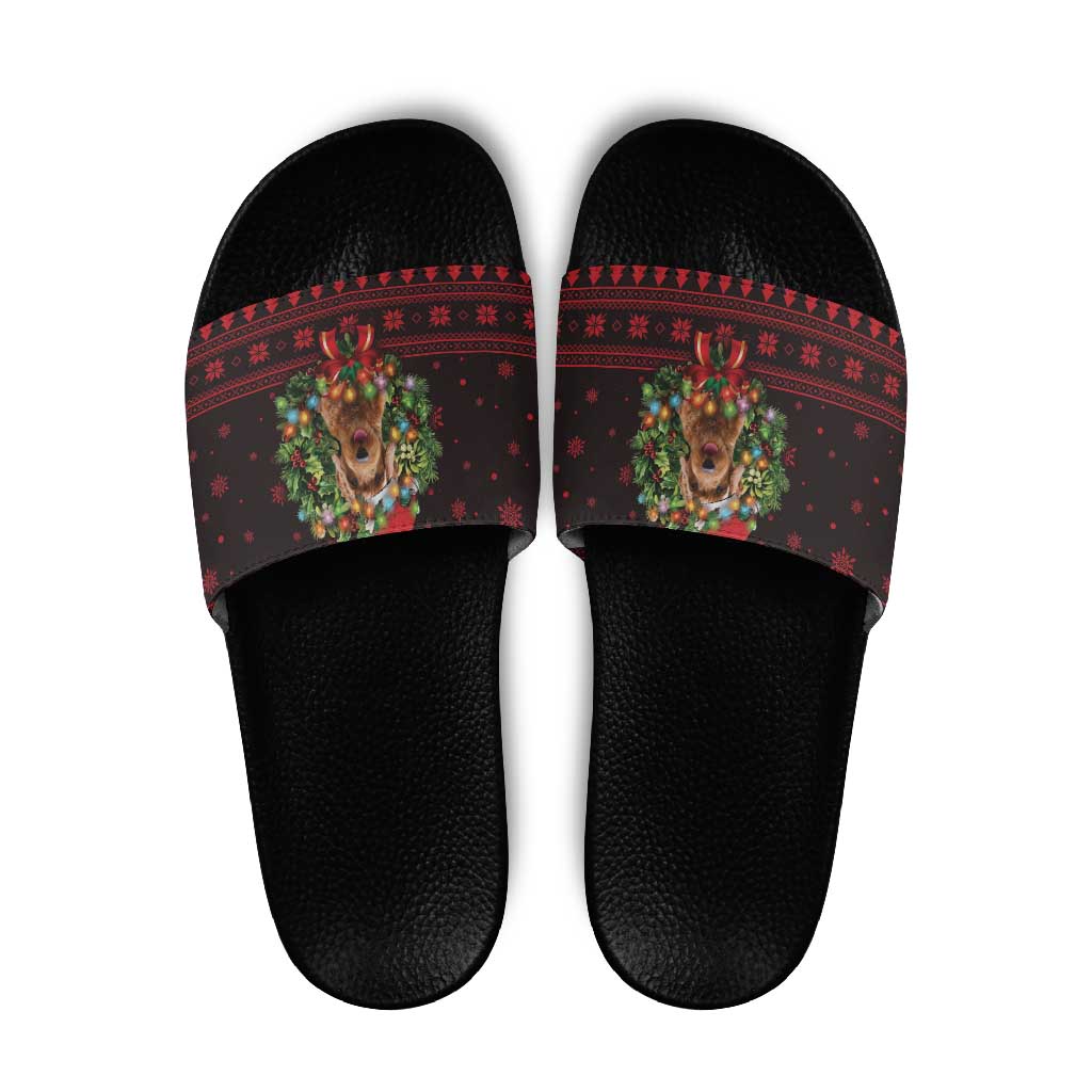 Wreath and Santa Dog in Red Slide Sandals with Black Holiday Pattern Design - Wonder Print Shop