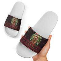 Wreath and Santa Dog in Red Slide Sandals with Black Holiday Pattern Design - Wonder Print Shop