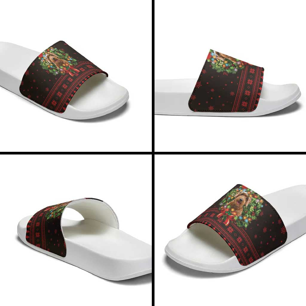 Wreath and Santa Dog in Red Slide Sandals with Black Holiday Pattern Design - Wonder Print Shop