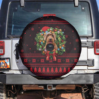 Wreath and Santa Dog in Red Spare Tire Cover with Black Holiday Pattern Design - Wonder Print Shop