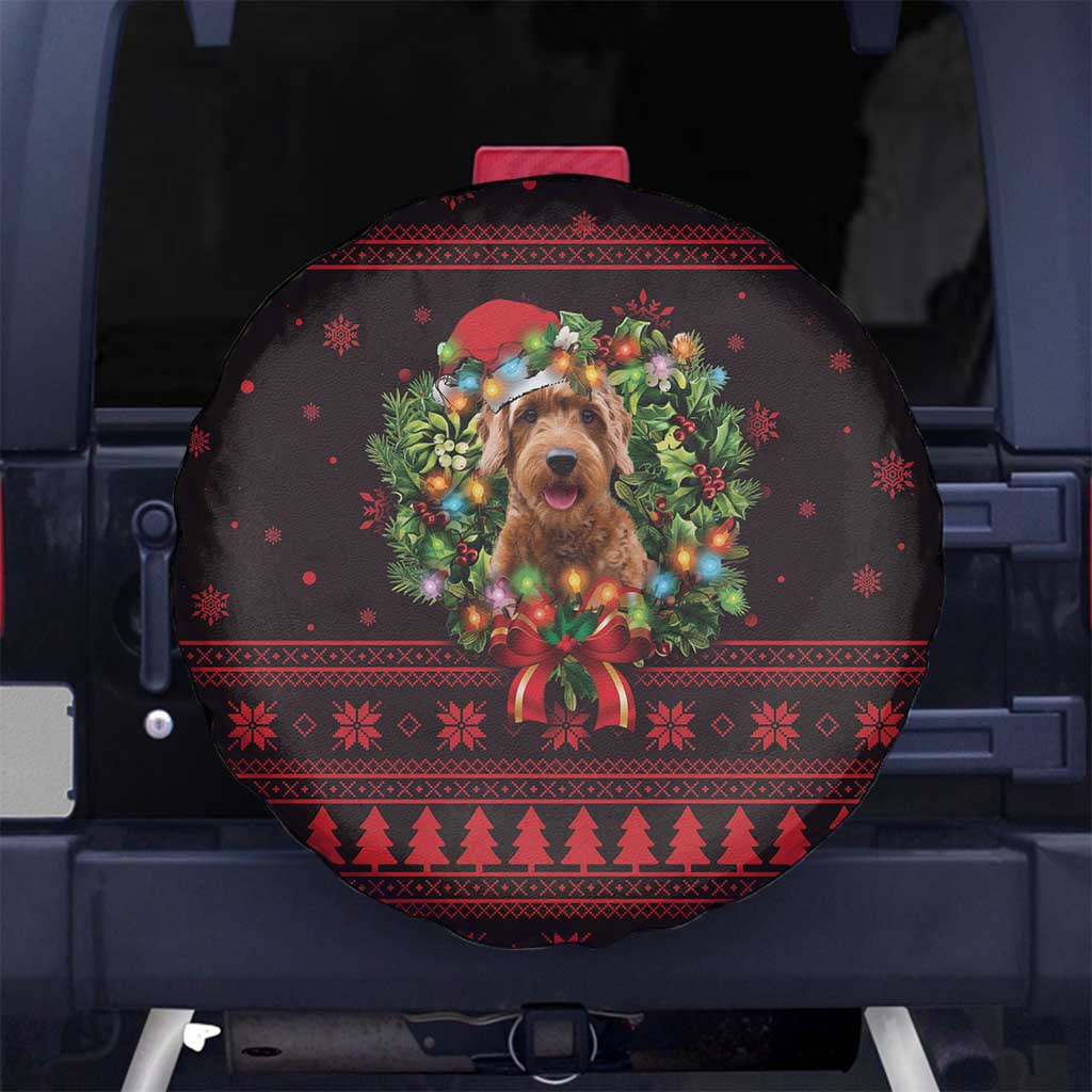 Wreath and Santa Dog in Red Spare Tire Cover with Black Holiday Pattern Design - Wonder Print Shop