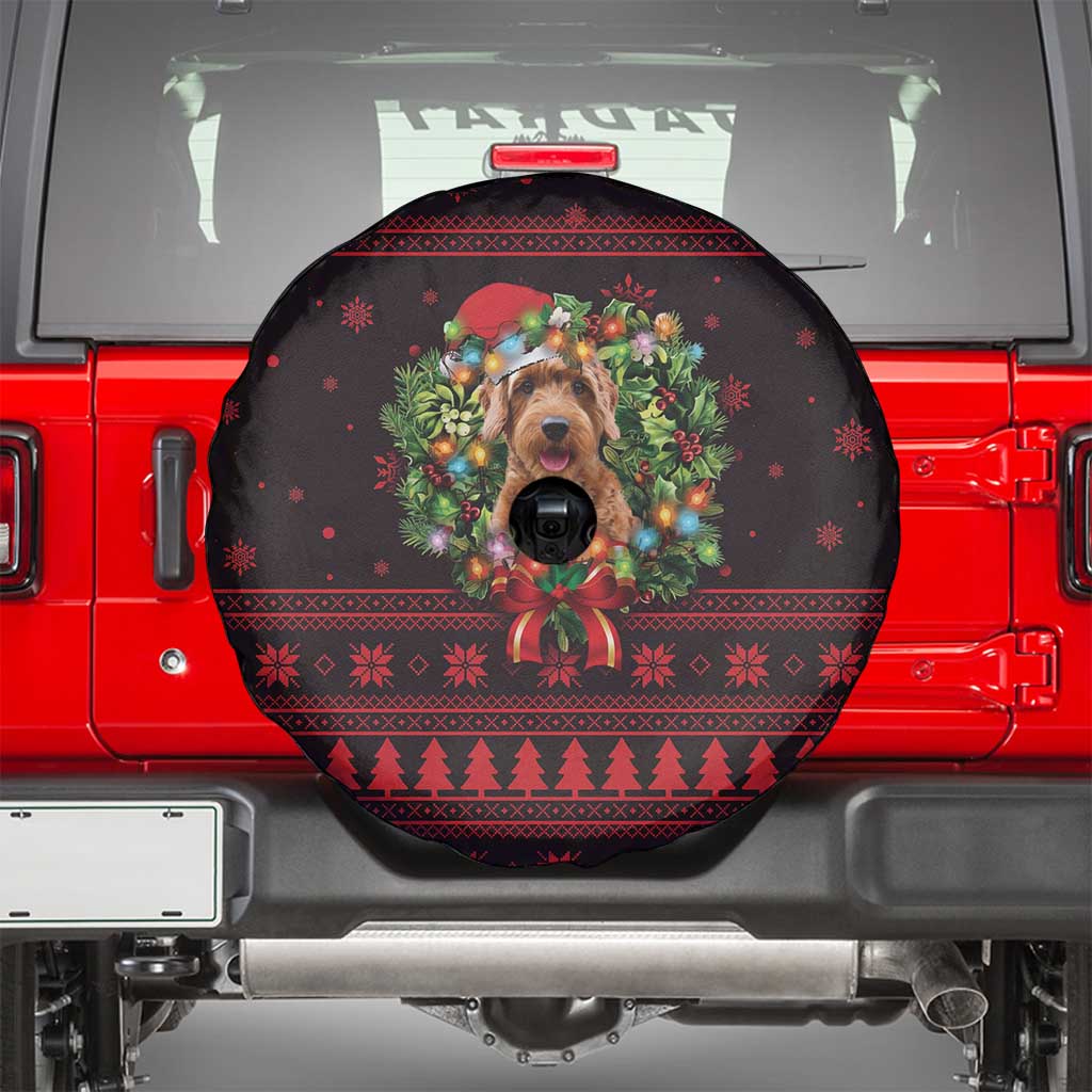 Wreath and Santa Dog in Red Spare Tire Cover with Black Holiday Pattern Design - Wonder Print Shop