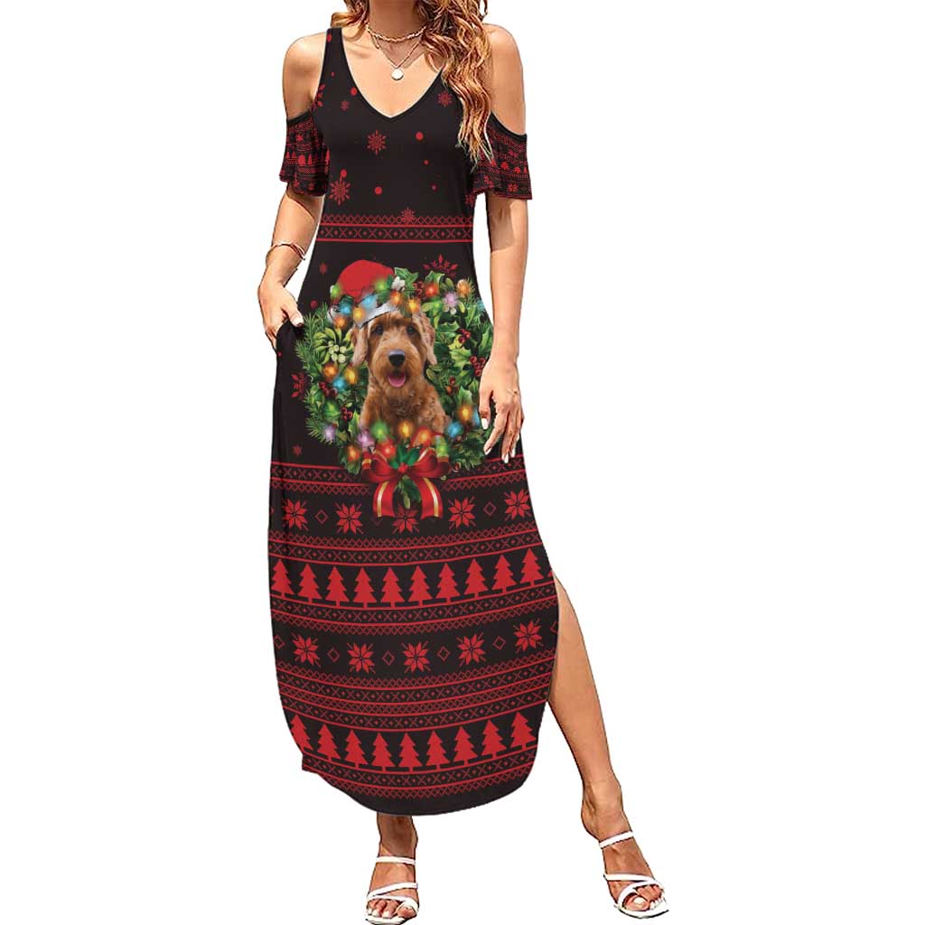 Wreath and Santa Dog in Red Summer Maxi Dress with Black Holiday Pattern Design - Wonder Print Shop