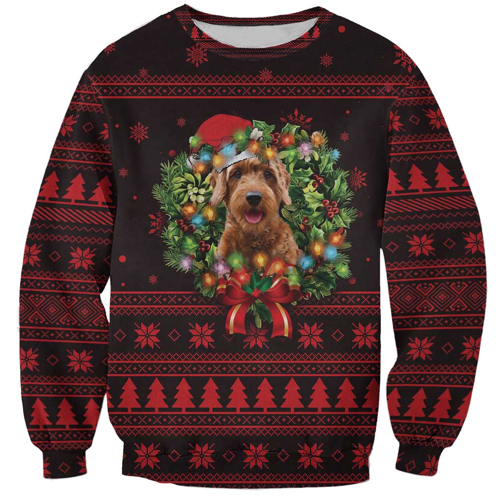 Wreath and Santa Dog in Red Sweatshirt with Black Holiday Pattern Design - Wonder Print Shop