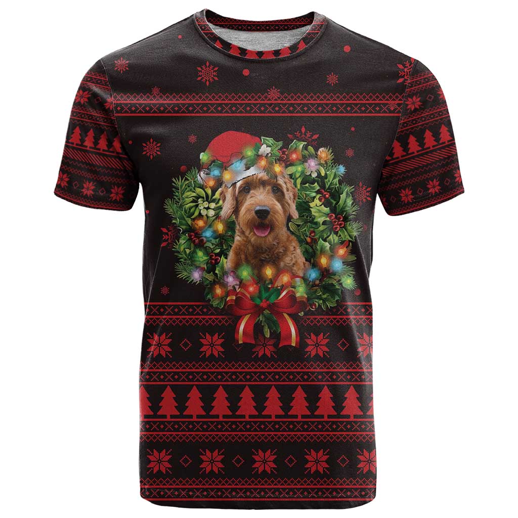Wreath and Santa Dog in Red T Shirt with Black Holiday Pattern Design - Wonder Print Shop